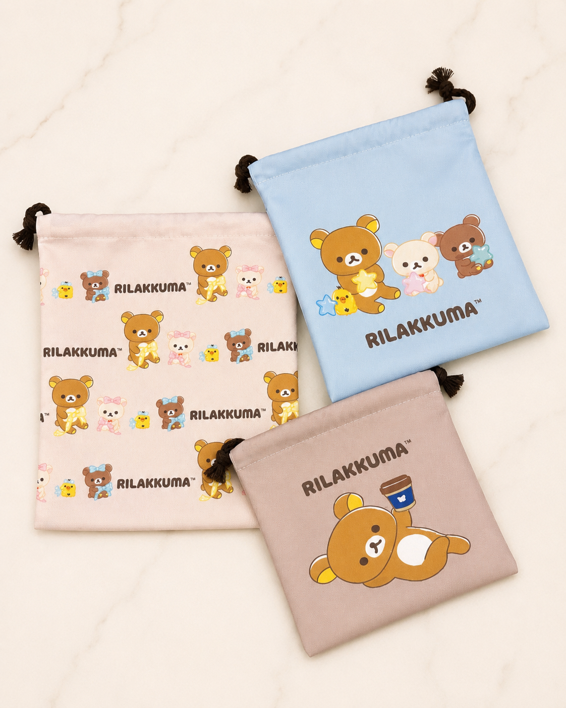 Rilakkuma Drawstring Bag Set 3-Piece set in Large, Medium & Small Sizes