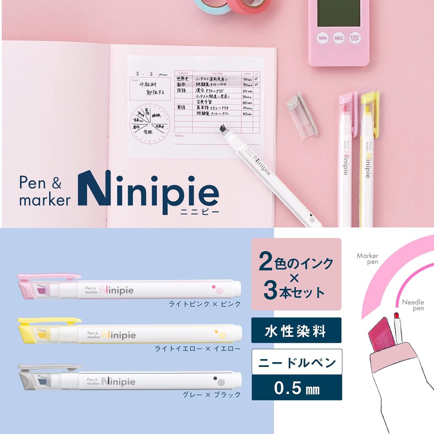 Sun-star Ninipie Pen & Marker in 1 Nib (Set of 3) Bandai Namco