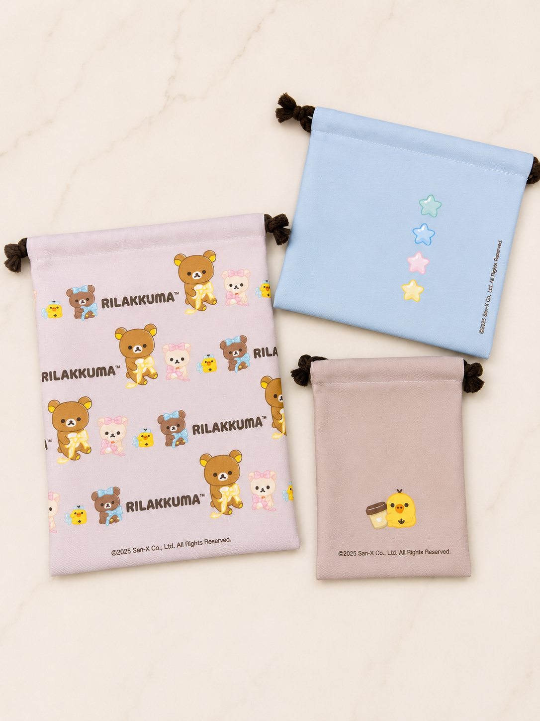 Rilakkuma Drawstring Bag Set 3-Piece set in Large, Medium & Small Sizes